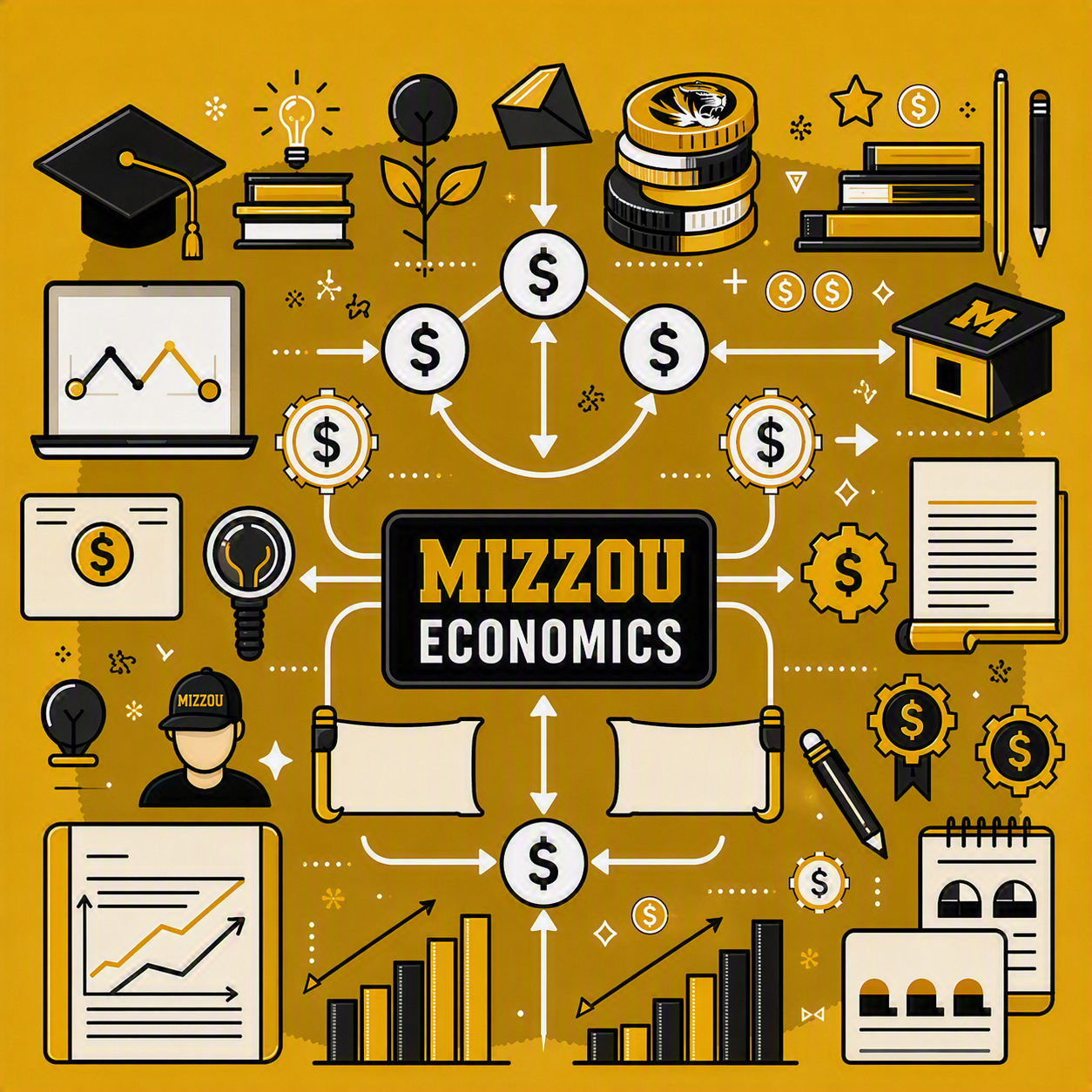 Golden-toned “Mizzou Economics” infographic featuring charts, dollar signs, coins, books, graduation caps, and academic finance symbols.