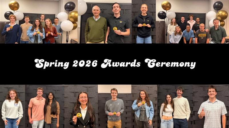 A collage from the Spring 2026 Awards Ceremony. Groups of smiling recipients hold awards. Background has black and gold balloons, and festive atmosphere.