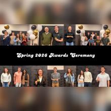 A collage from the Spring 2026 Awards Ceremony. Groups of smiling recipients hold awards. Background has black and gold balloons, and festive atmosphere.